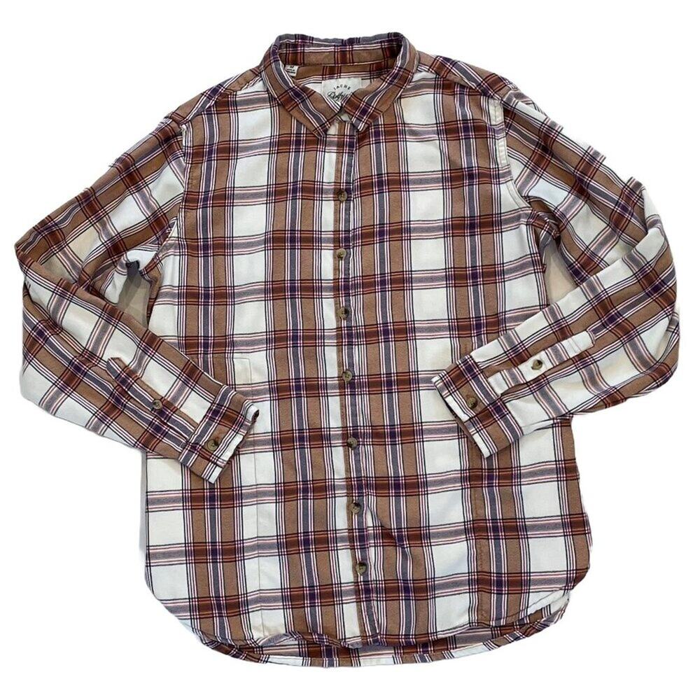 Jachs NY Girlfriend Anniversary Tan, Purple Plaid Button Down Flannel Shirt M